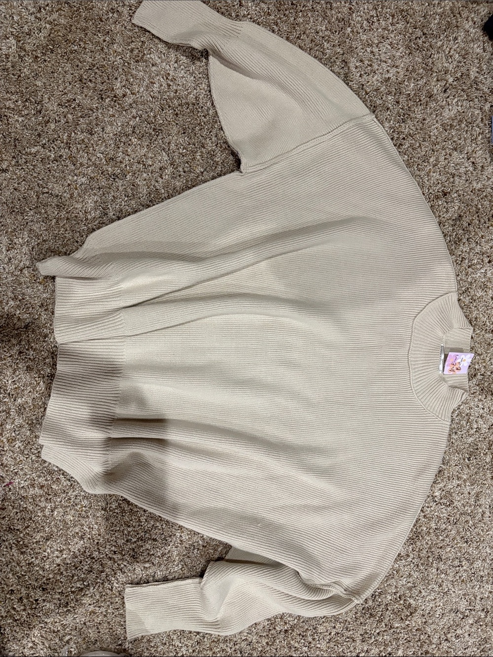 Zenana Side Slit Oversized Cream Ribbed Knit Crewneck Sweater